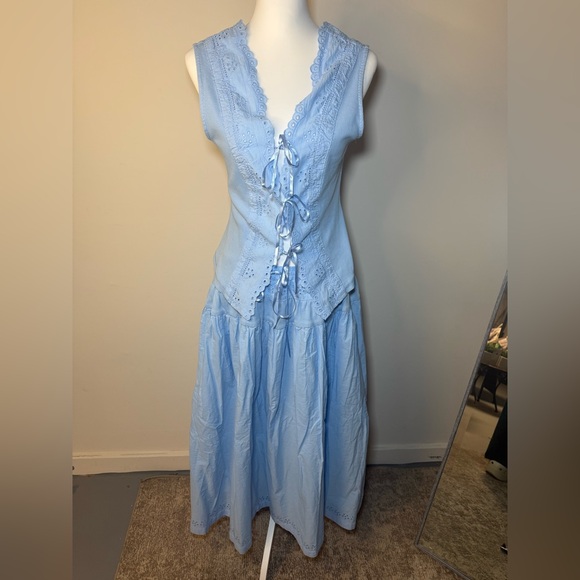 Free People Blue Eyelet Lace Top & Midi Skirt Set NWT - Picture 5 of 7